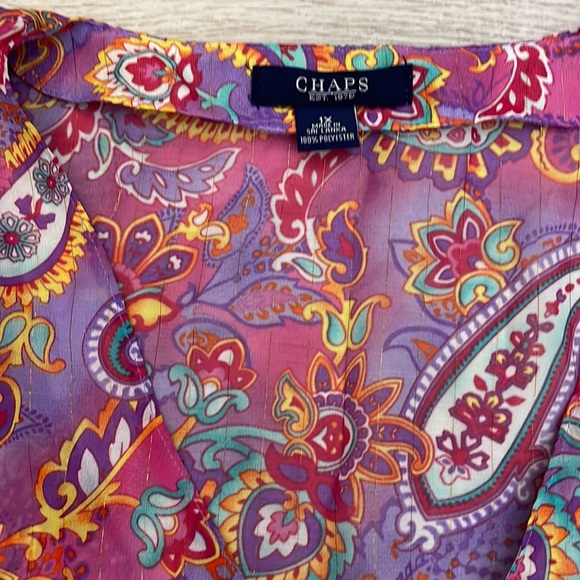 Chaps Purple with Multi-Color Abstract Floral Print Short Sleeve V-Neck Tie Top - Picture 10 of 13